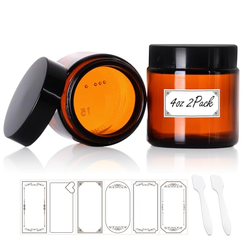 2 Pack 4 oz Amber Glass Jars with lids, Cosmetic Jars with Inner Liners and Black Lids, Lotion Jars, Candle Making Jars for Lotions, Scrubs and Cosmetic, Lables and Spatulas Include