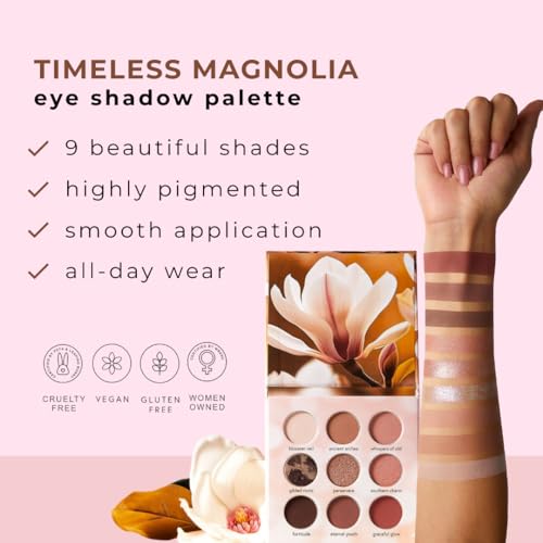 Honeybee Gardens Timeless Magnolia Eye Shadow Palette, 9 Shades, Matte and Shimmer Finish, Neutral Browns and Pinks, 0.45 oz