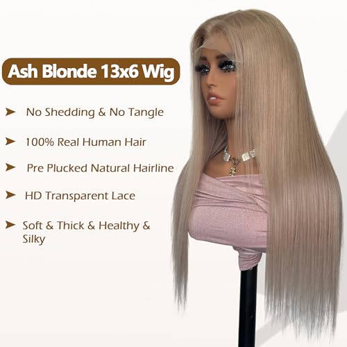 13x6 Transparent Lace Front Wigs Human Hair Ash Blonde Wig Human Hair 180% Density Ash Blonde Straight Lace Front Wigs for Black Women Pre Plucked Colored HD Lace Frontal Wig 26 Inch