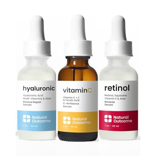 Natural Outcome Hyaluronic Acid, Vitamin C Face Serum and Retinol Facial Serum - Night and Day Anti Aging Facial Serum and Hydrating Serum Set 1 oz Each, Vegan, Cruelty Free & Fragrance Free