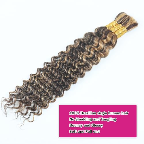 Highlight Human Braiding Hair for Boho Braids 110g Deep Water Wave Bulk Human Hair for Braiding Knotless 12A Curly Bulk Bohemian 3 Bundles P/430 Unprocessed Brazilian Ombre Extensions 20 Inch