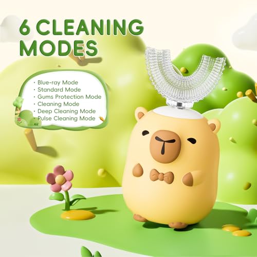 Kids Electric Toothbrush U Shaped - Cartoon Capybara with 6 Brush Heads Full Mouth Degree Cleaning Sonic Toddler Automatic Toothbrush with IPX7 Waterproof (Capybara 2-14 Years)