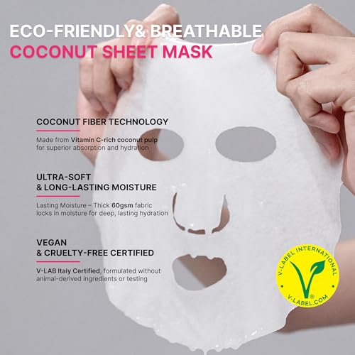 Toning Active Mask ? Brightening, Hydrating&Soothing Face Mask with Tranexamic Acid & Hyaluronic Acid, Sheet Mask with Coconut Fiber, Gentle for Sensitive Skin, Korean Skin Care, Vegan, 5EA