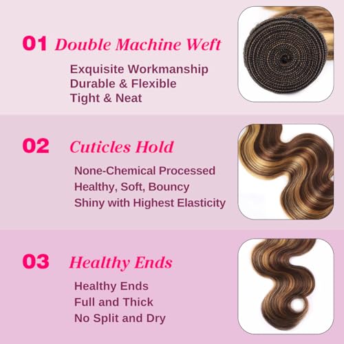Aopusi Highlight Human Hair Bundles 4/27 Body Wave Bundles 100% Unprocessed Brazilian Virgin Hair Ombre Blonde Bundles Human Hair Body Wave Bundles Hair Weave for Black Women(18 20 22 24 Inch)