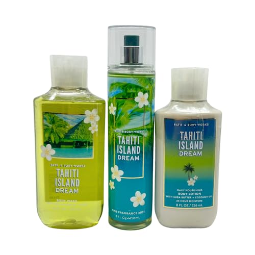 Bath & Body Works TAHITI ISLAND DREAM 3pc bundle - Mist, Body Wash, Body Lotion Gift Set with a Blue Bow for Holidays & Gifts - Full Size