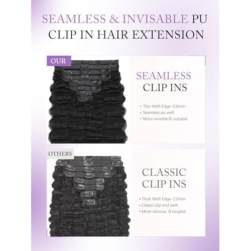 PU Burmese Curly Clip in Hair Extensions Real Human Hair 100% Brazilian Human Hair Clip Ins for Black Women With 8PCs 18Clips 120g Natural Black (PU-Burmese curly #1B, 18 Inch)
