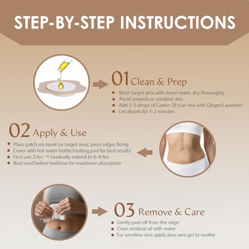 Castor Oil Belly Button Patch ? 50PCS Disposable Castor Oil Pack Wraps with Organic Cotton Pad, Leak-Proof Belly Button Patch Cover, Breathable & Skin-Friendly