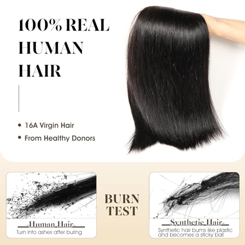 16A Straight Human Hair Bundles with Closure, 100% Unprocessed Brazilian Virgin Hair, 3 Bundles with 4x4 HD Lace Closure Free Part, Pre-Plucked with Baby Hair, Natural Black (22 24 26 + 20 Inch)