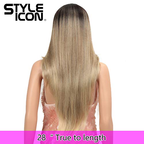 Style Icon Easy-360 Lace Wigs 28" Free Part Lace Frontal Wigs Long Straight Wig Ombre Blonde Synthetic Wig(28", SOP 22613)