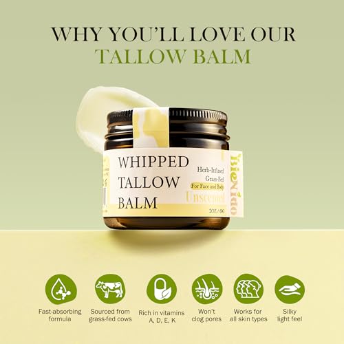Organic Beef Tallow for Face, Grass Fed Tallow and Honey Balm with Raw Honey and Jojoba Oil for Sensitive and Dry Skin (2 Oz (Pack of 2), Unscented)