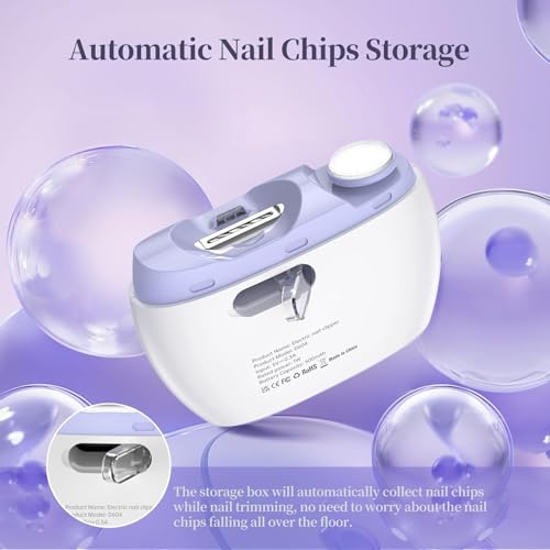Electric 2-in-1 Nail Clipper & Polisher, 2-Speed Safe Fingernail Trimmer for All Ages, Rechargeable Automatic Nail Clipper with Light, Manicure Set for Baby Kids Seniors & Weak Hands