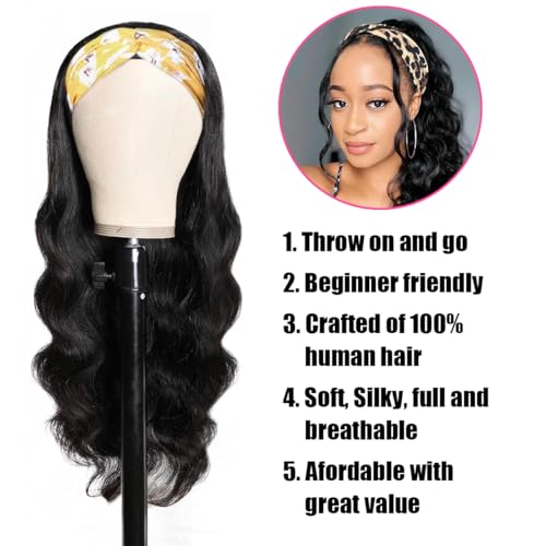 Headband Wig Human Hair for Women 20-Inch 180% Density Body Wave Headband Wigs Glueless Human Hair Wig(Body Wave, Natural Black)