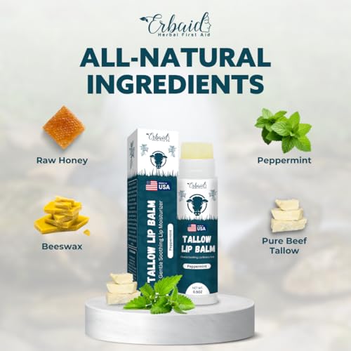Beef Tallow Lip Balm ? Natural Tallow Beeswax Chapstick ? Hydrating Moisturizer Grass Fed Bison Tallow Balm Lip Care ? Soothes Chapped, Dry Lips, Sensitive Skin ? Long Lasting & Vitamin Rich USA-Made