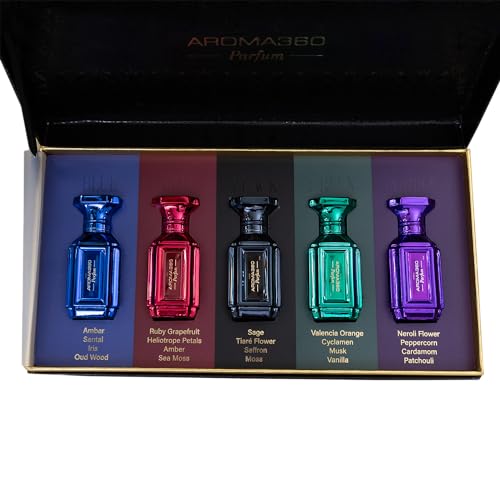 Aroma360 | Parfum Discovery Set | Set of 5 x10mL perfumes | Blue, Red, Green, Black & Purple | Unisex Perfume Set
