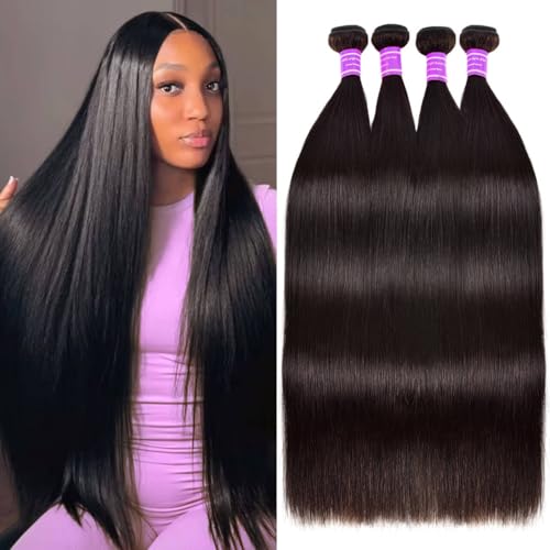 Straight Bundles Human Hair 24 26 28 30 Inch 4 Bundles Straight Hair 10A Double Weft Hair Extensions for Black Women 100% Unprocessed Virgin Human Hair Weave Natural Black