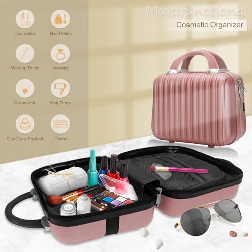 11 inch Hard Shell Cosmetic Case Makeup Travel Case Organizer Bag Small Portable Make up Train Hand Luggage with Elastic Strap ABS Mini Suitcase Gifts for Her.