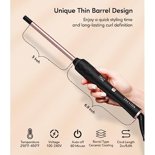Terviiix Small Barrel Curling Iron Wand, 3/8 Inch Thin Curling Wand Iron for Short & Long Hair, Argan Oil and Keratin Infused Ceramic Curler with Digital Adjustable Temperature & Auto-Off, 9mm, Black
