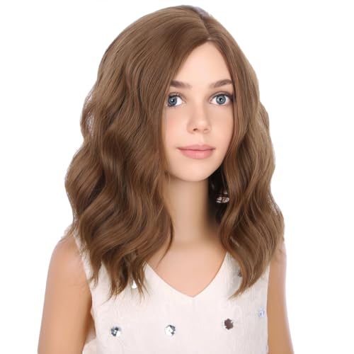 Kids Chocolate Brown Wig Child Light Brown Wig Short Bob Wavy Cury Wig Girls Brown Hair Synthetic 12" Wigs with Wig Cap
