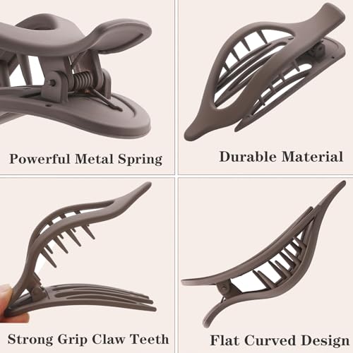 6 PCS Flat Hair Clips, French Lay Flat Claw Clips for Women Girls, 3 Styles Strong Hold Non-slip Matte Hair Claws for Thin Thick Hair(Brown&White)