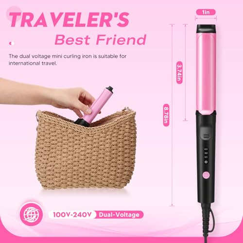 1 Inch Mini Curling Iron, Ceramic Travel Wand Curler for Short Hair with Dual Voltage, Portable Curling Iron with Glove, 3 Heat Settings, Auto Shut Off