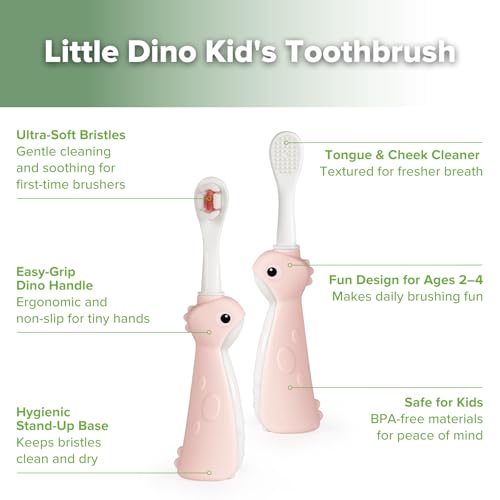 haakaa Dinosaur Toothbrush for Kids 2-4 ? Soft Bristles Baby Toothbrush with Silicone Handle, Non-Slip Grip & Tongue Cleaner | BPA-Free, Fun Training for Toddlers - Pink, 1 Count