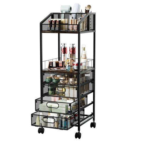 HapiRm Makeup Organizer Storage Cart - Floor Skincare Make Up Storage with 4 Drawers, Rolling Makeup Cart Vanity Organizer Cosmetics Display Cases Holder for Skin Care Perfume Nail Polish