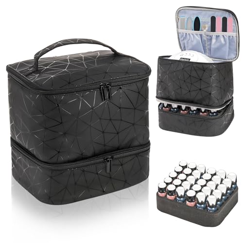 ZOOFOX Nail Polish Organizer Case, Double-Layer Nail Polish Carrying Bag with Handle, PU Leather Nail Organizers and Storage Bag for Manicure Accessories