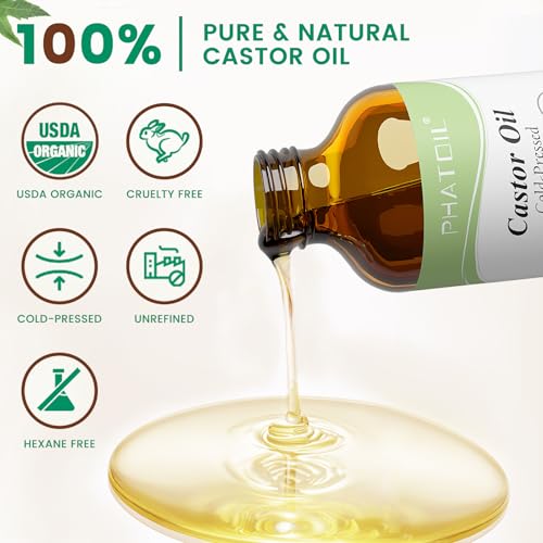 PHATOIL Organic Cold Pressed Castor Oil, 118 ml (4 fl.oz) Glass Bottle, USDA Certified Organic, Rich in Omega Fatty Acids, Ideal for Hair Growth, Eyebrows, Lashes, and Skin Care