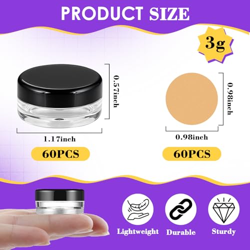 60 pcs 3 Gram Round Small Sample Containers with Lids Clear Plastic Mini Sample Jars for Creams, Powders, Glitters, 3ml Lip Balm Containers with Spatulas Labels