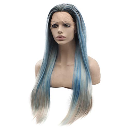 Peakia Long Straight Black Blue Gray Ombre Half Hand Tied Synthetic Lace Front Wig