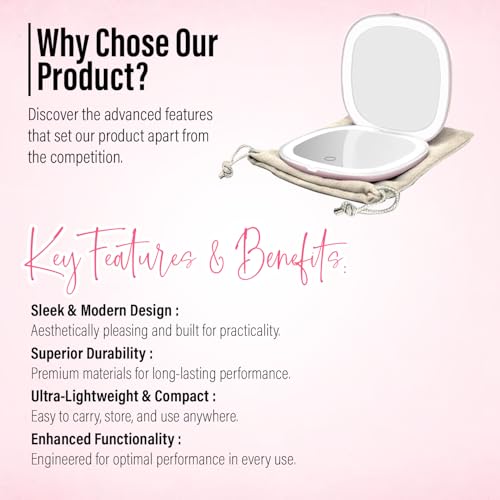 4" LED Compact Mirror ? 1x & 10x Magnification | Travel Makeup Mirror with Adjustable Lighting | Handheld & Pocket-Sized Portable Mirror with Protective Pouch (Pink)