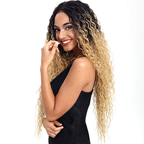 Joedir Lace Front Wigs Ombre Blonde 28'' Long Small Curly Wavy Synthetic Wigs For Black Women 130% Density Wigs(TTPN4/270A/24F)