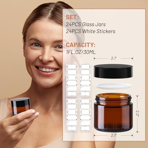 AuroTrends 1 oz Glass Jars with Lids 24Pack- Mini Amber Glass Jar/Cosmetic Containers with UV Protection,Travel Labels (30ml, Set of 24)