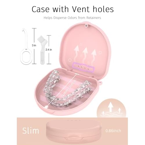 Retainer Case, Compatible with Invisalign, Vivera, Slim Aligner Case with Vent Holes, Portable Orthodontic Container with Removal Tool, Brush and Lanyard, Pink