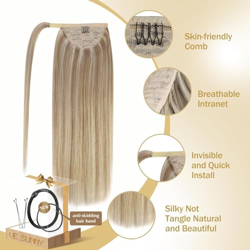 Ve Sunny Ponytail Extension Real Human Hair for Women Clip in Ponytail Hair Extension Straight Hair Pieces Wrap Around Dark Ash Blonde Highlights Golden Blonde 22inch 80G