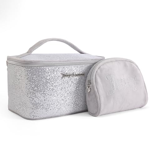 Juicy Couture Silver Makeup Bag Cosmetics Organizer Travel Essentials Train Case Coin Purse Glitter Rhinestone Velour