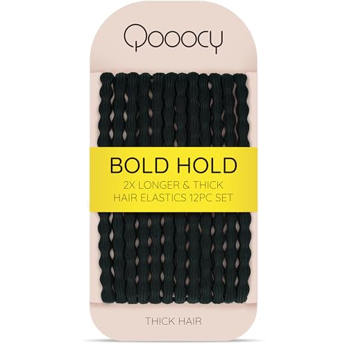 Extra Long Hair Tie for Thick and Curly Hair - Elastic Ponytail Holders for Women or Men, No Metal Bands, Long-Lasting Braids Accessories, 12 Count, Black