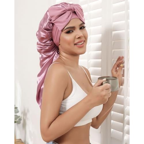 AWAYTR Long Hair Bonnet for Sleeping - Double Layer Long Elastic Tie Band Satin Bonnet for Women with Sleep Eye Mask (Rose Gold)