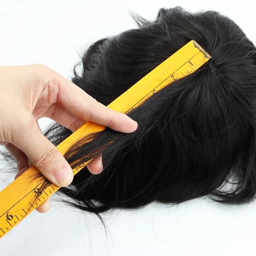 Toupee for Men Human Hair Mens Toupee Mono Base with NPU Around Hair Units Curly Wave Mens Wigs Toupee Hair Real Human Replacement System for Man Freestyle Natural Wig #1B Off Black (6x9")