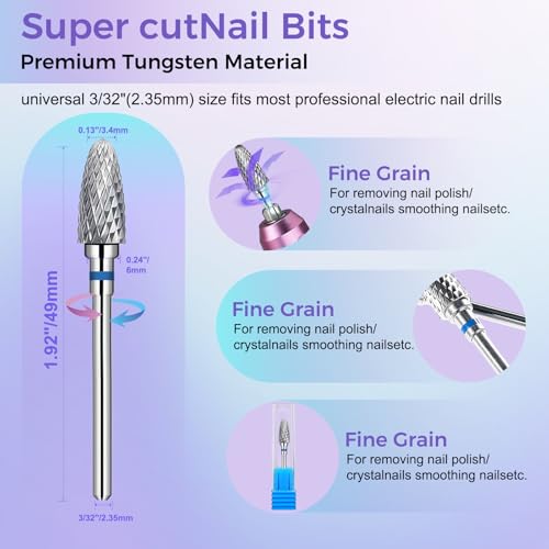 Fantexy 3/32" Carbide Nail Drill Bit - Remove Acrylic Hard Gels Quickly and Safely,Professional Cone Tungsten Drill Bits Set Nail File Acrylic for Manicure,Pedicure,Cuticle Cleaner (Medium - M)