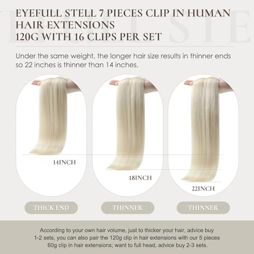 Human Hair Extensions 22 inch 120G 7 PCS Platinum Blonde Straight Remy Long Clip In Real Brazilian 100% Human Hair Natural Thick Clip on Hair Extensions