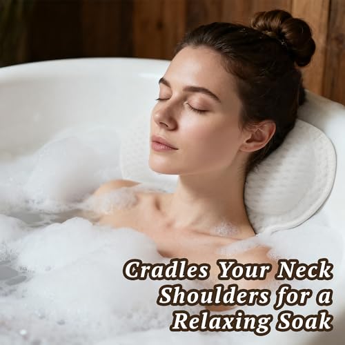 Bath Pillow, Luxury Bath Pillows for Tub Neck and Back Support, Bathtub Pillow - 4D Breathable Air Mesh Fabric with 6 Non-Slip Suction Cups, Bath Accessories White