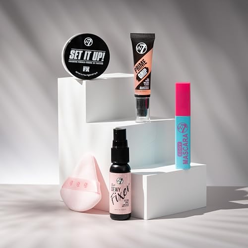 W7 On the Go Cuties Gift Set - Mini Makeup Essentials with Primer, Mascara, Setting Spray, Loose Powder & Powder Puff - Travel Size Beauty Favourites - Stocking Stuffer