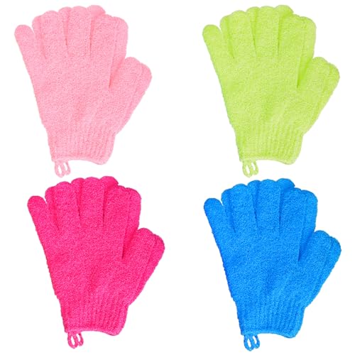 4 Pairs Bath Exfoliating Gloves Scrub, Double Sided Bath Mitts Scrubs for Shower, Exfoliating Shower Mitt Body Scrubber Glove, Bathing Accessories for Bath, Spa (Rose, Glass Green, Pink, Blue)