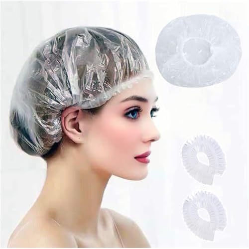 100 PCS Disposable Shower Caps Thickened Waterproof Hair Bath Caps for Women Men Girls Travel Spa Hotel Home Use Salon - Multi-Purpose Elastic Plastic Clear Shower Caps, Essentials Accessories(20.5")