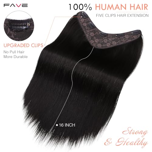 FAVE 110g Human Hair Extensions 16 Inch Seamless Clip in Hair Extensions Human Hair Upgraded V-Shape 100% Remy Human Hair Hairpieces for Volume & Length (Natural Black)