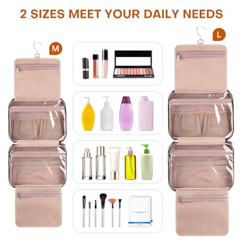 Hanging Toiletry Bag for Women Travel, 2 Sizes Large & Small Waterproof Cosmetic Organizer with 4 Compartments, Rotating Hook, Foldable Pink Travel Bag for Toiletries & Makeup - Medium Pink