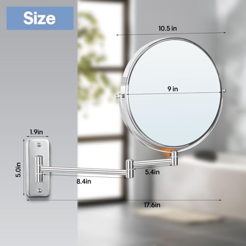 Large Size 9-in Wall Mounted Magnifying Makeup Mirror 1X/10X Magnification,Extendable Bathroom Mirrors Wall Mount Vanity Mirror for Shaving,12-in Folding Arm,Flexible Adjustable,Space-Saving,No Light