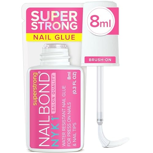 Super Strong Nail Glue for Press On Nails, Nail Tips & Acrylic Fake Nails (8ml) NYK1 NailBond Brush On Glue for Press Ons, Tips & Acrylics - Long Lasting, Maximum Strength, Mess-Free Application