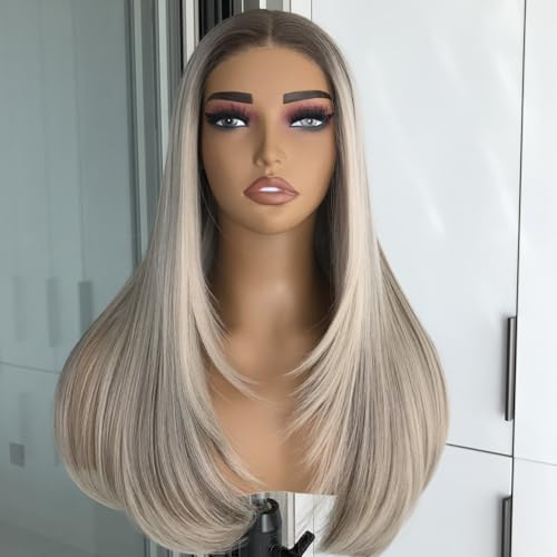 Pre Cut No Glue Lace Wig Ash Blonde Wear and Go Glueless Synthetic Lace Front Wig for Women with Bangs Layered Straight Wigs Pre Plucked Highlight Dirty Blonde Wig 3 Seconds to Wear 20Inch